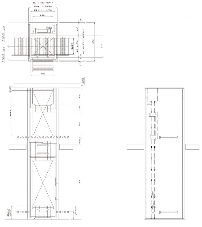 建築基準法適用除外の、モノの上下搬送に使用するリフター垂直搬送機の寸法図