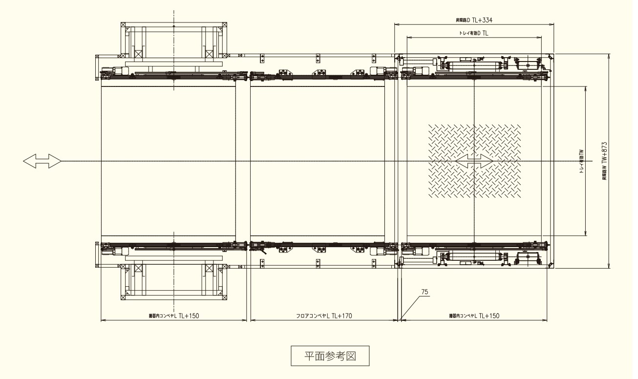 建築基準法適用除外の、モノの上下搬送に使用するリフター垂直搬送機の安全装置の寸法図